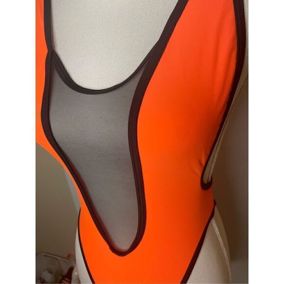 NWT One Piece Plunge Neck Swimsuit Size S Orange Mesh Pool Vacation Beach Sexy - Picture 6 of 11